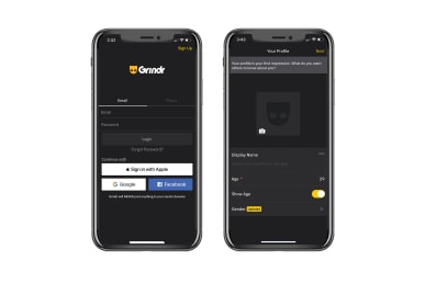 screenshots of grindr sing up and page creation on phone